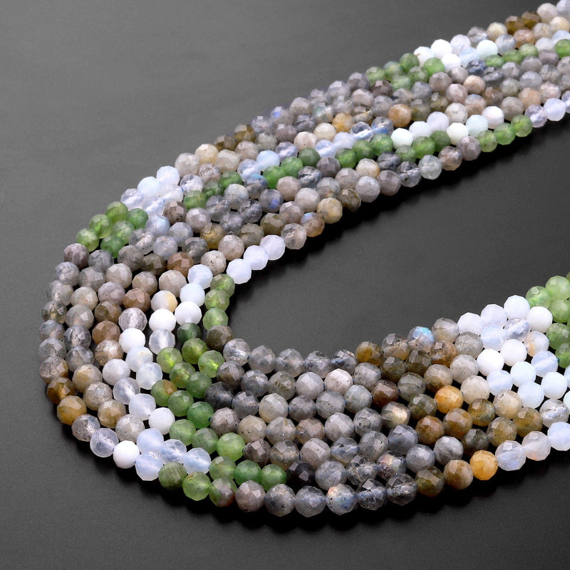 Micro Faceted Multicolor Mixed Gemstone Round Beads 4mm Labradorite Blue Chalcedony Russian Green Jade 15.5" Strand