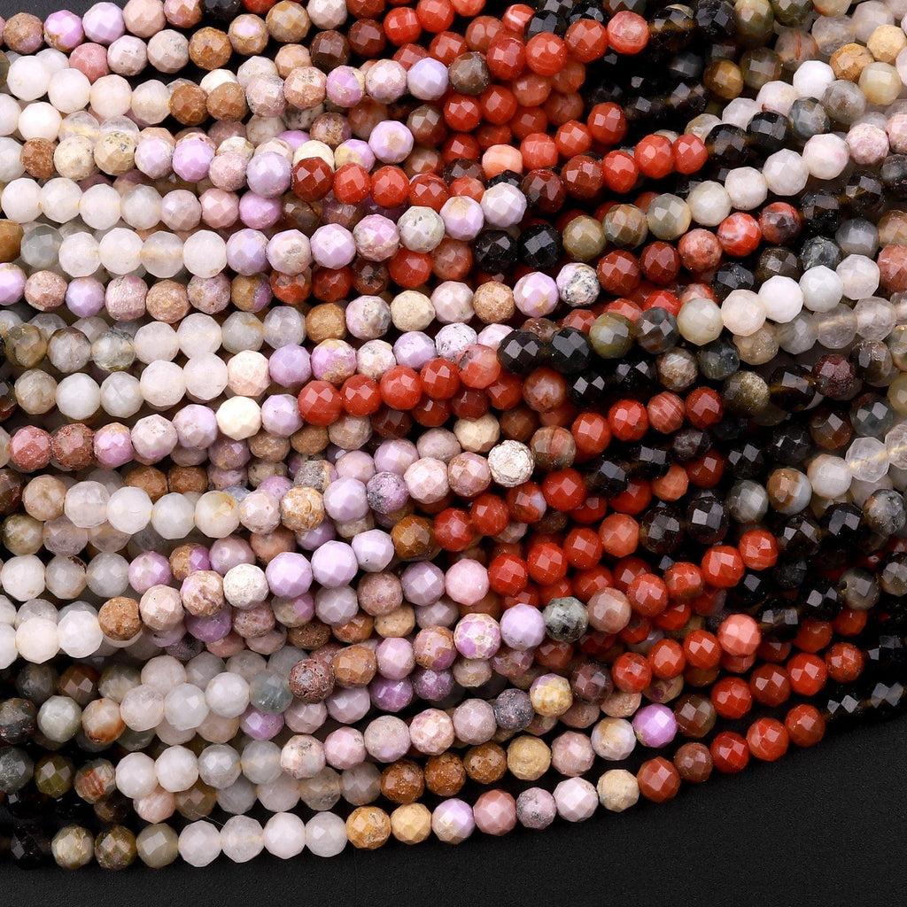 Micro Faceted Multicolor Mixed Gemstone Round Beads 3mm Red Agate Eagle Eye Phosphosiderite Jade 15.5" Strand