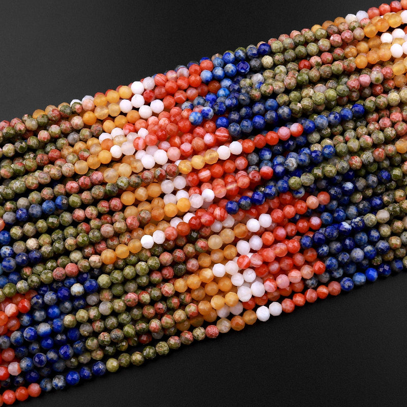 Micro Faceted Multicolor Mixed Gemstone Round Beads 3mm Orange Botswana Agate Unakite Lapis Yellow Jade 15.5" Strand