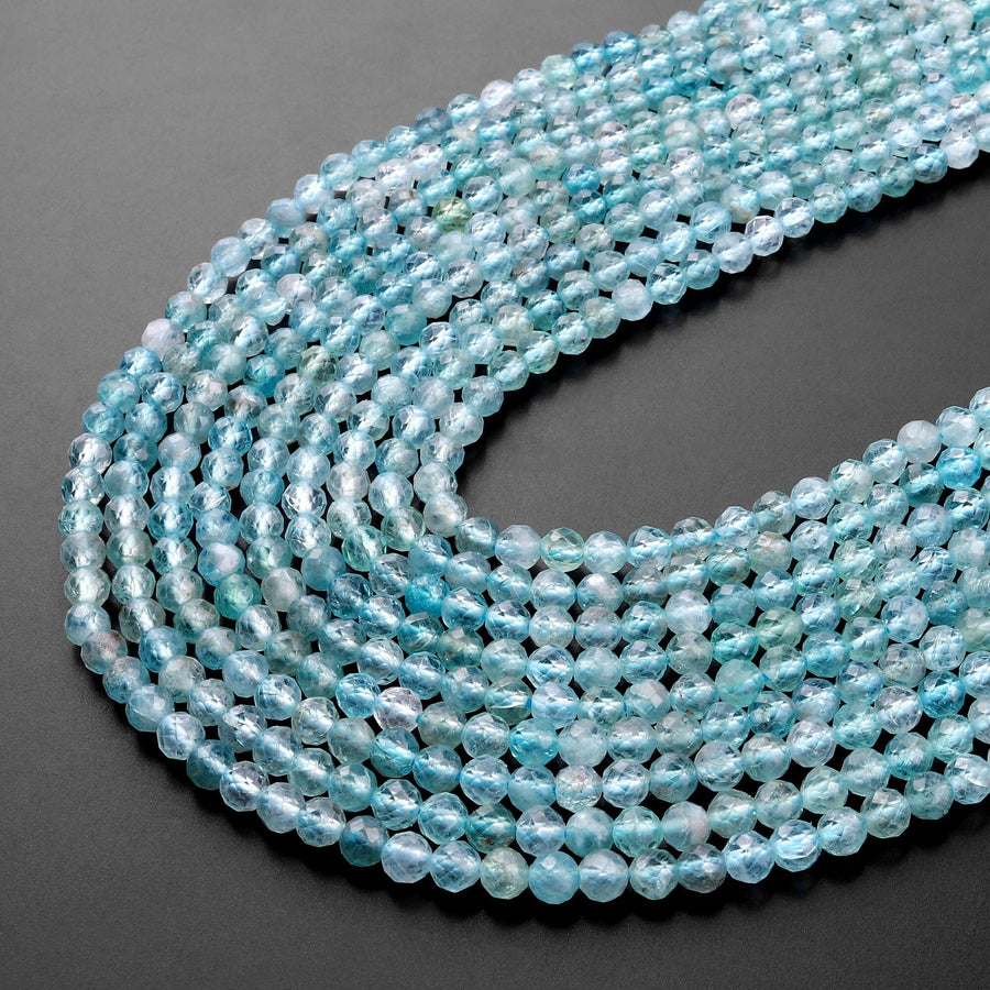 Natural Apatite Beads Faceted 4mm Round Beads Translucent Light Teal Blue Green Gemstone Micro Cut 15.5" Strand