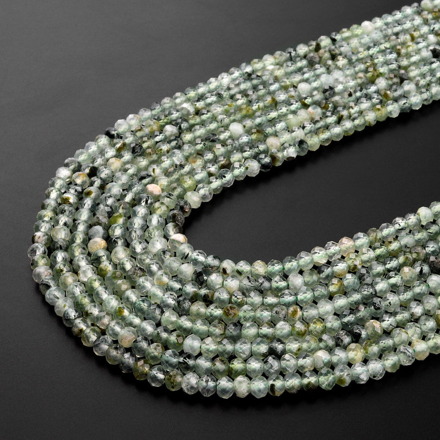 Micro Faceted Natural Green Prehnite Rondelle Beads 3mm 4mm 15.5" Strand