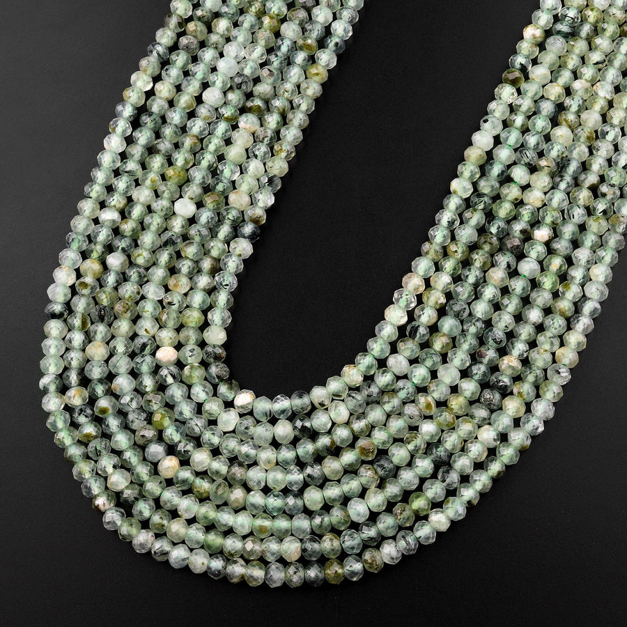 Micro Faceted Natural Green Prehnite Rondelle Beads 3mm 4mm 15.5" Strand