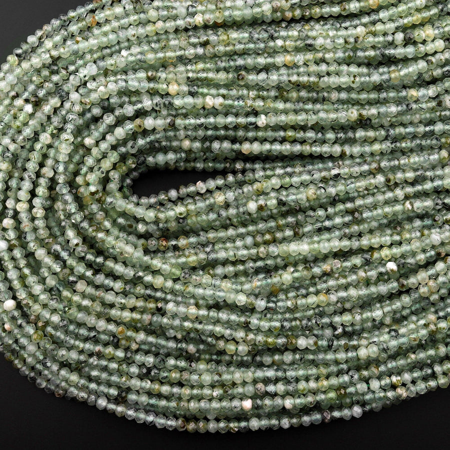 Micro Faceted Natural Green Prehnite Rondelle Beads 3mm 4mm 15.5" Strand