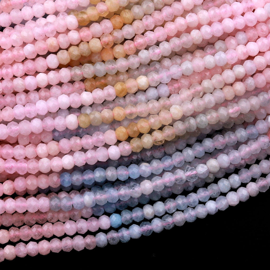 Micro Faceted Natural Multicolor Blue Aquamarine Pink Morganite 4mm Rondelle Beads 15.5" Strand