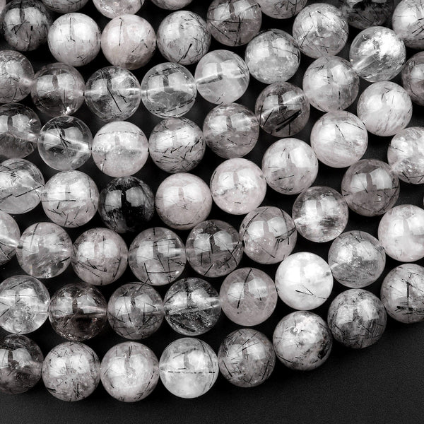 Natural Black Tourmaline Rutilated Quartz Round Beads 6mm 8mm 10mm 12mm 15.5" Strand