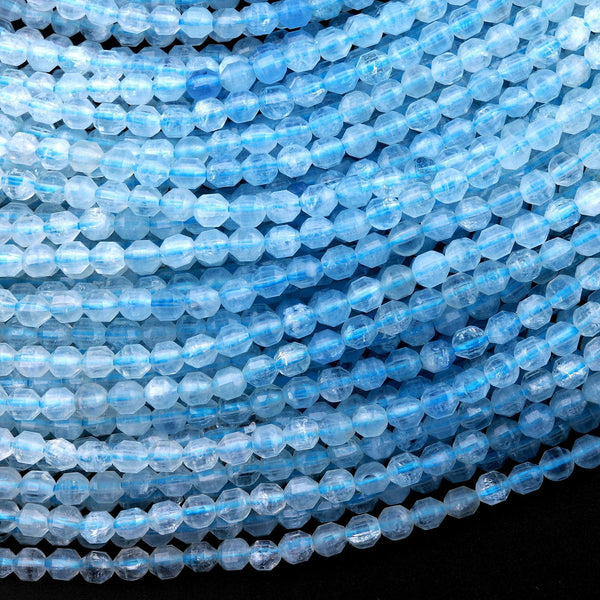 AA Natural Blue Aquamarine 4mm Beads Faceted Energy Prism Double Terminated Point Cut 15.5" Strand
