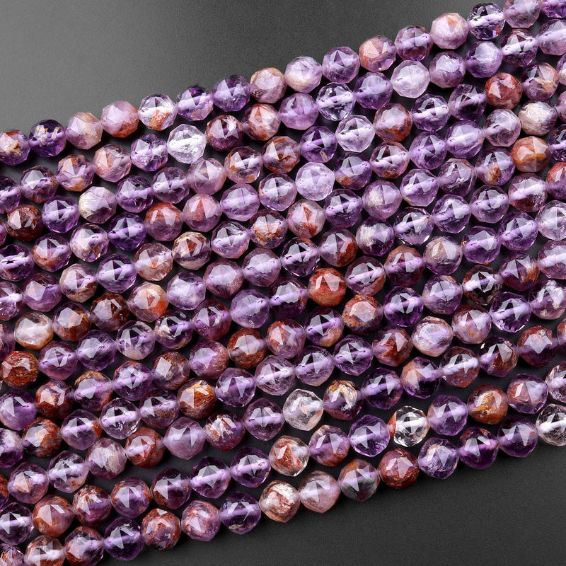 AAA Natural Super 7 Phantom Amethyst Cacoxenite 8mm Beads Faceted Double Hearted Star Cut 15.5" Strand