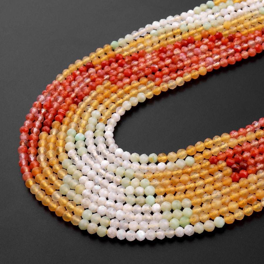 Micro Faceted Multicolor Mixed Gemstone Round Beads 3mm Red Agate White Moonstone Green Yellow Jade 15.5" Strand