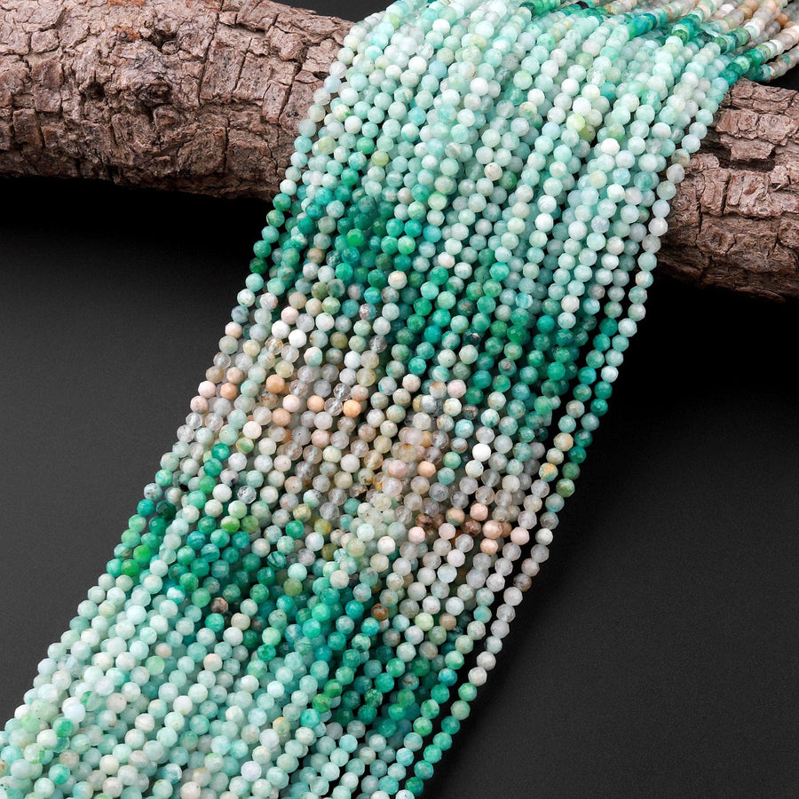 Peruvian Amazonite 3mm Faceted Round Beads Multi Shaded Natural Sea Blue Green Gemstone Micro Diamond Cut 15.5" Strand