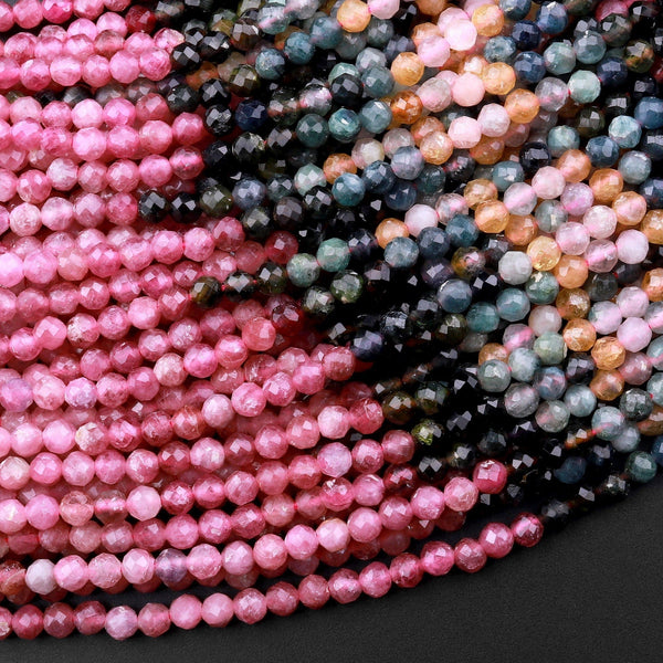 Micro Faceted Natural Multicolor Tourmaline Round Beads 3mm 4mm Pink Green Golden Yellow Gradient Shades 15.5" Strand
