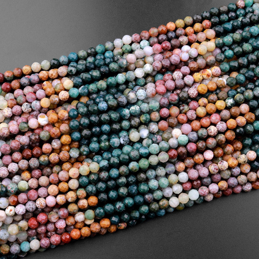 Micro Faceted Natural Multicolor Ocean Jasper Round Beads 4mm Red Brown Green Gradient Shades 15.5" Strand
