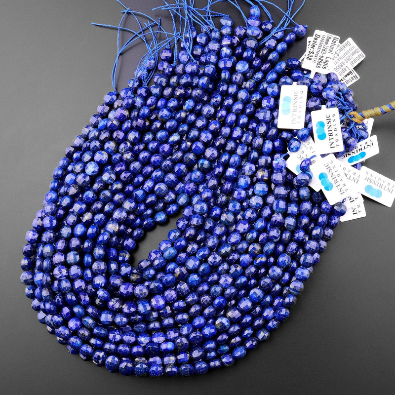 Faceted 8mm Blue Lapis Coin Beads Flat Disc Dazzling Facets Natural Gemstone 15.5" Strand