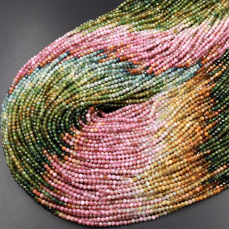 AAA Natural Multicolor Pink Green Blue Yellow Tourmaline Micro Faceted 2mm 3mm Round Gemstone Beads 15.5" Strand