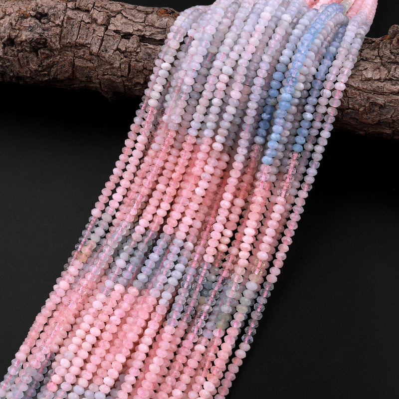 Micro Faceted Natural Multicolor Pastel Blue Aquamarine Pink Morganite 4mm Rondelle Beads 15.5" Strand