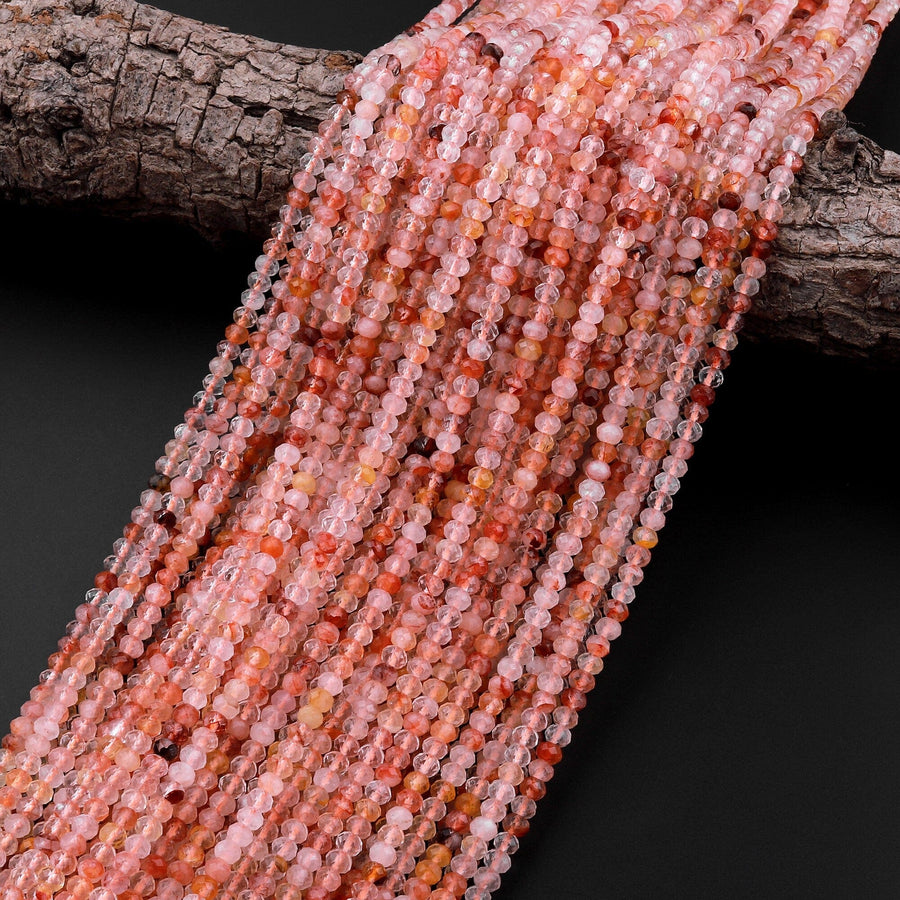 Micro Faceted Natural Red Phantom Rutile Lodalite Quartz Rondelle Beads 4mm 15.5" Strand