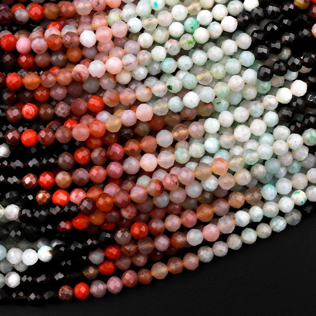 Micro Faceted Multicolor Mixed Gemstone Round Beads 3mm Rainbow Agate Amazonite Smoky Quartz 15.5" Strand