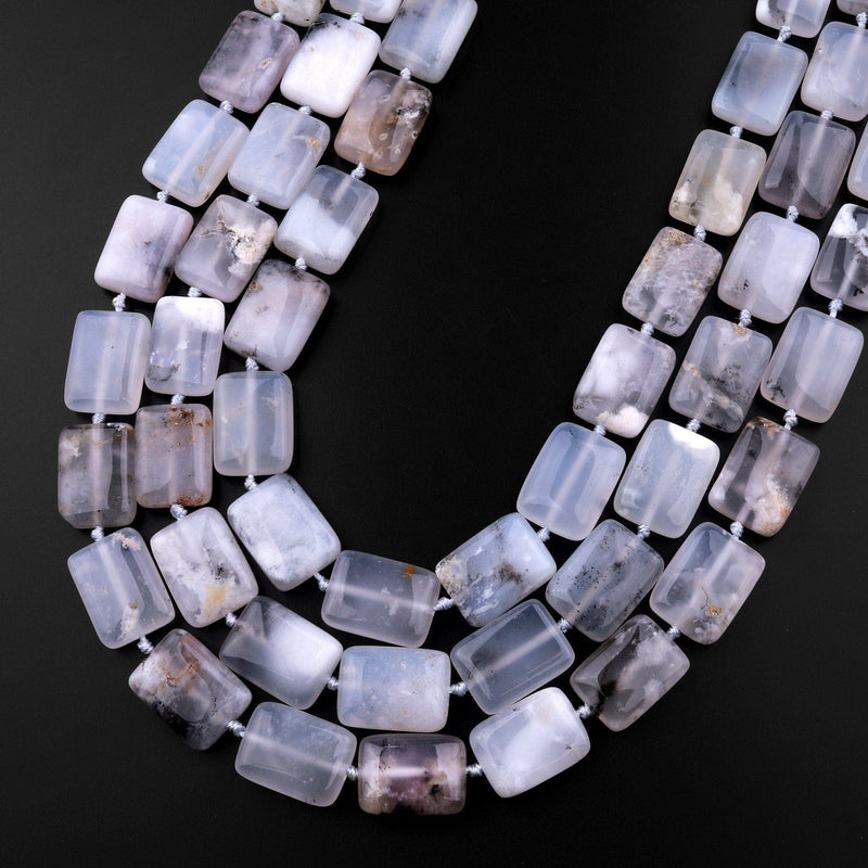 Icy! Natural Angel Chalcedony Beads Smooth Rectangle Beads With Interesting Black Dendritic Pattern Gemmy Translucent Gemstone 15.5" Strand