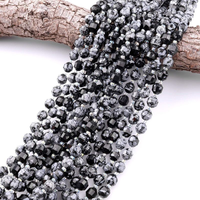 Faceted Snowflake Obsidian 8mm Beads Iridescent Energy Prism Double Terminated Point Cut 15.5" Strand