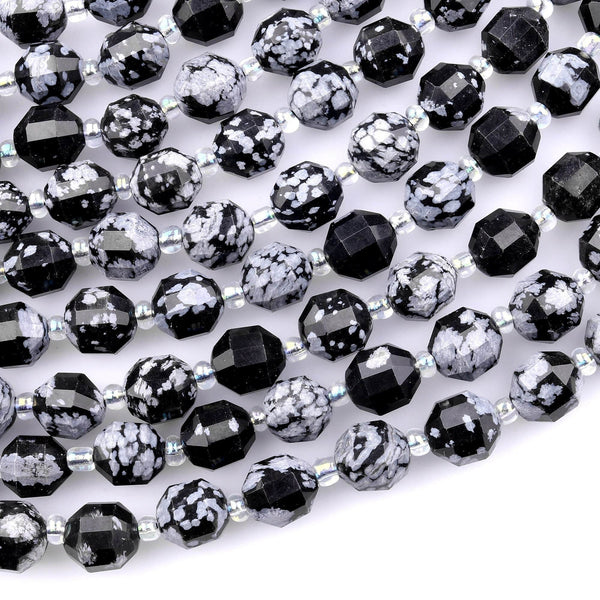 Faceted Snowflake Obsidian 8mm Beads Iridescent Energy Prism Double Terminated Point Cut 15.5" Strand