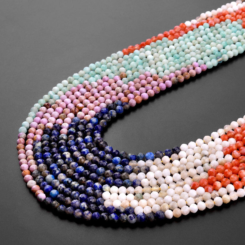 Micro Faceted Multicolor Mixed Gemstone Round Beads 3mm Lapis Russian Amazonite Phosphosiderite Mother of Pearl Red Agate 15.5" Strand