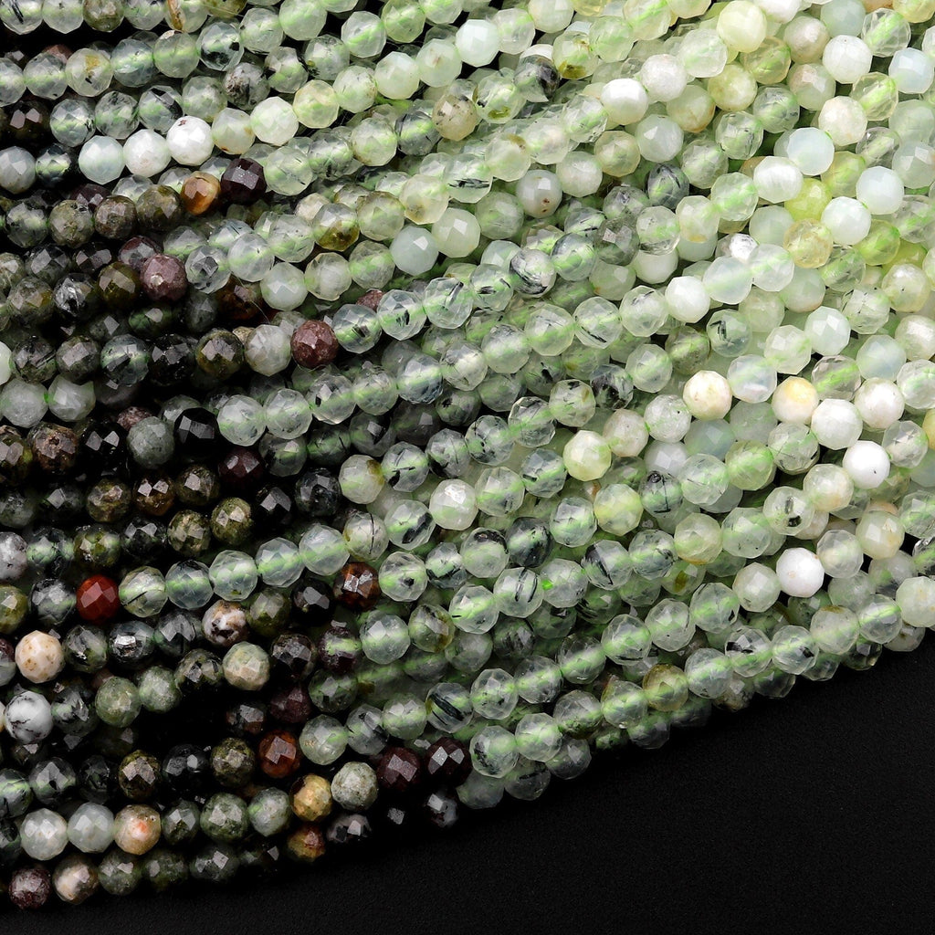 Micro Faceted Natural Multicolor Green Prehnite Round Beads 3mm 15.5" Strand