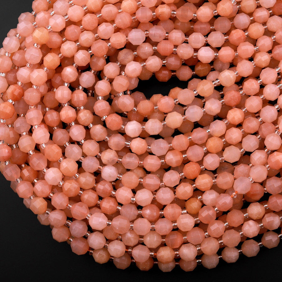 AAA Natural Peach Chalcedony 8mm Beads Faceted Energy Prism Double Terminated Point Cut 15.5" Strand