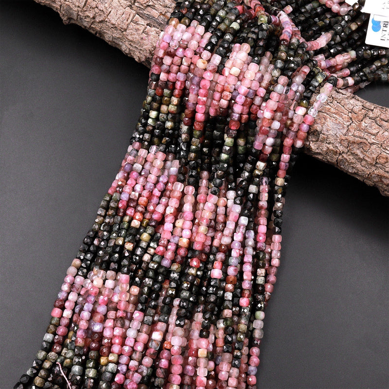 Natural Multicolor Green Pink Tourmaline Faceted 4mm Cube Beads Gemstone 15.5" Strand