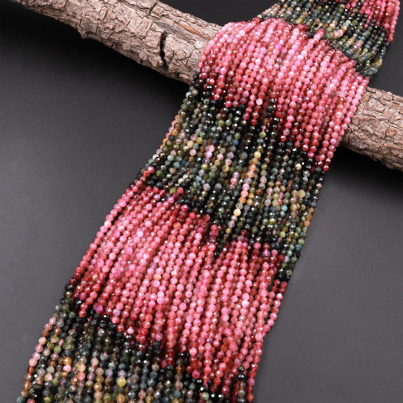 Natural Multicolor Tourmaline Micro Faceted 3mm 4mm Round Pink Green Blue Gemstone Beads 15.5" Strand