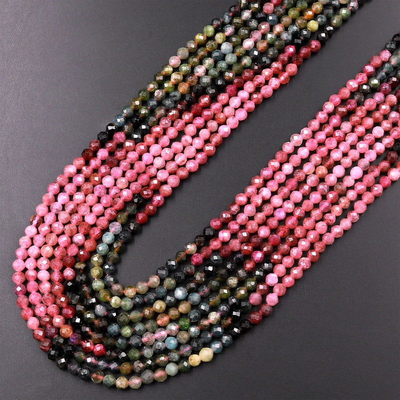 Natural Multicolor Tourmaline Micro Faceted 3mm 4mm Round Pink Green Blue Gemstone Beads 15.5" Strand