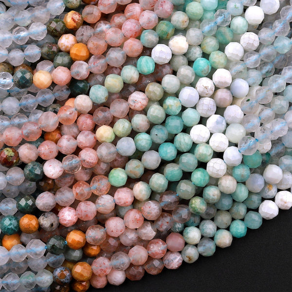 Micro Faceted Multicolor Mixed Gemstone Round Beads 3mm 4mm Amazonite Sunstone Aquamarine 15.5" Strand