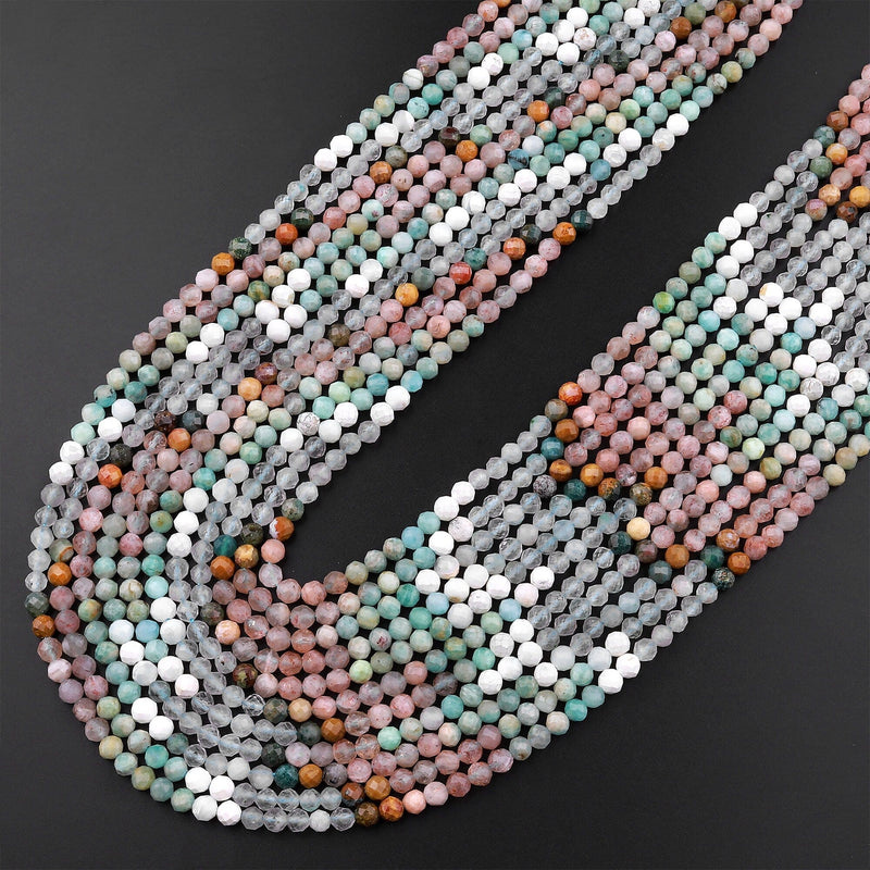 Micro Faceted Multicolor Mixed Gemstone Round Beads 3mm 4mm Amazonite Sunstone Aquamarine 15.5" Strand