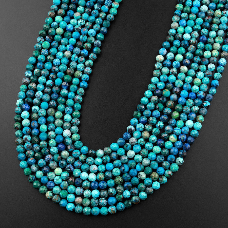 AAA Micro Faceted Natural Chrysocolla Azurite Round Beads 4mm Vibrant Blue Green Gemstone From Arizona 15.5" Strand