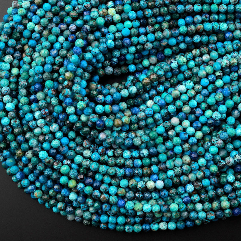 AAA Micro Faceted Natural Chrysocolla Azurite Round Beads 4mm Vibrant Blue Green Gemstone From Arizona 15.5" Strand