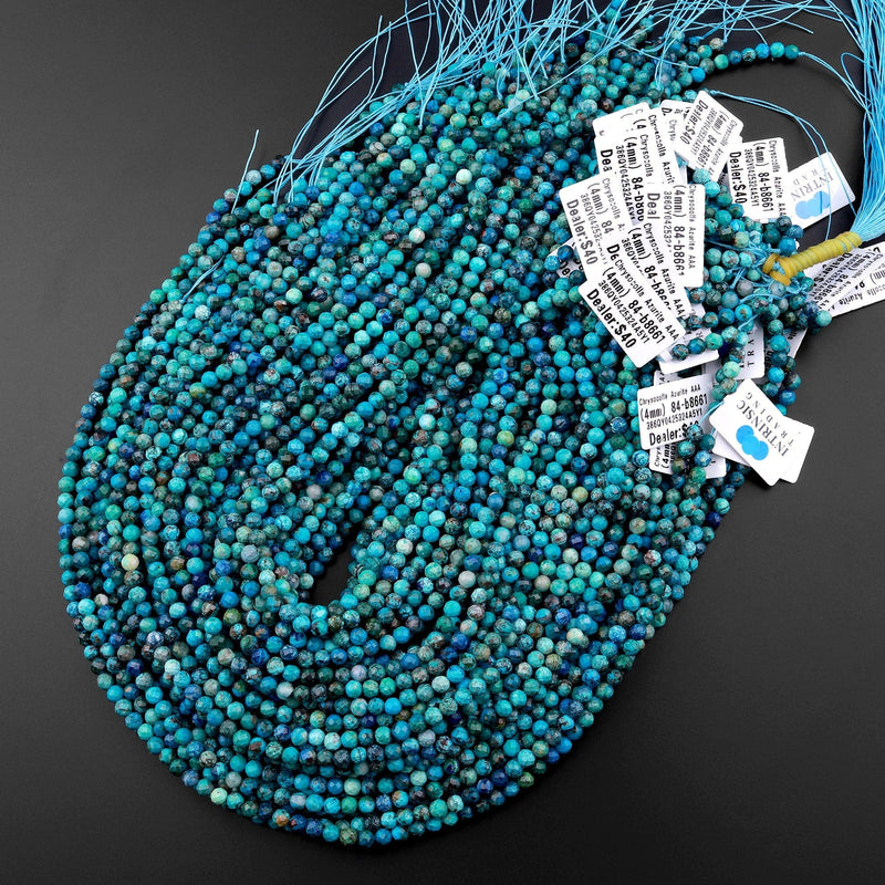 AAA Micro Faceted Natural Chrysocolla Azurite Round Beads 4mm Vibrant Blue Green Gemstone From Arizona 15.5" Strand