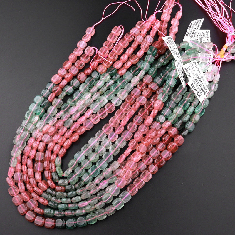 Natural Strawberry Quartz  8mm Square Beads Red Pink Green Gemstone 15.5" Strand