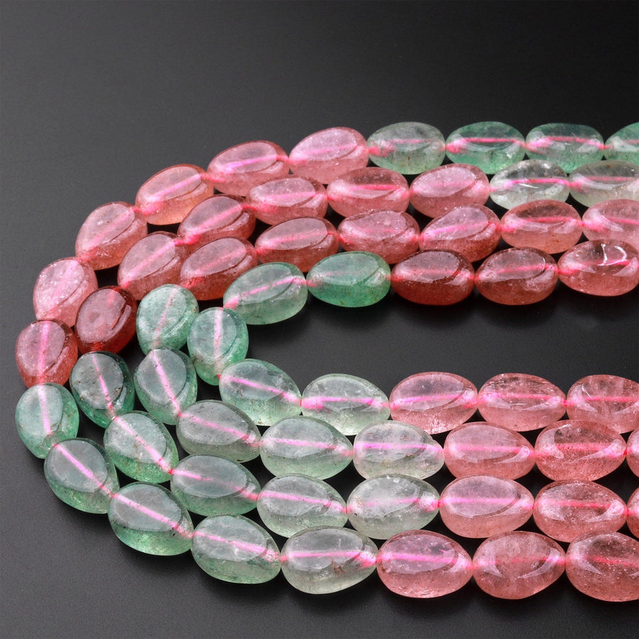 Natural Strawberry Quartz Teardrop Beads Vertically Drilled Red Pink Green Gemstone 15.5" Strand