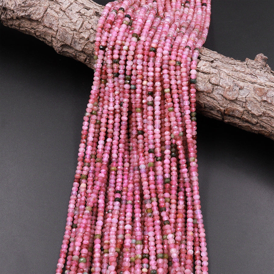 Faceted Natural Pink Tourmaline Rondelle 3mm Beads Diamond Cut Gemstone 15.5" Strand