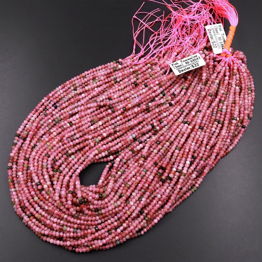 Faceted Natural Pink Tourmaline Rondelle 3mm Beads Diamond Cut Gemstone 15.5" Strand