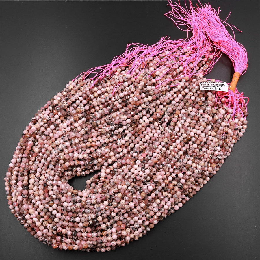 Natural Pink Rhodochrosite 4mm Faceted Round Beads Micro Laser Diamond Cut Gemstone 15.5" Strand