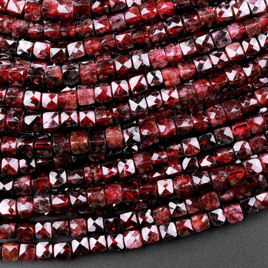 Natural Red Garnet 4mm Faceted Cube Square Dice Beads 15.5" Strand