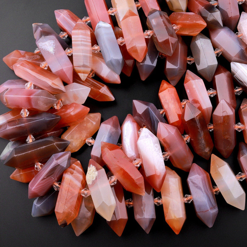 Rare Botswana Red Agate Beads Faceted Double Terminated Points Center Drilled Large Healing Natural Red Crystal Focal Pendant 15.5" Strand