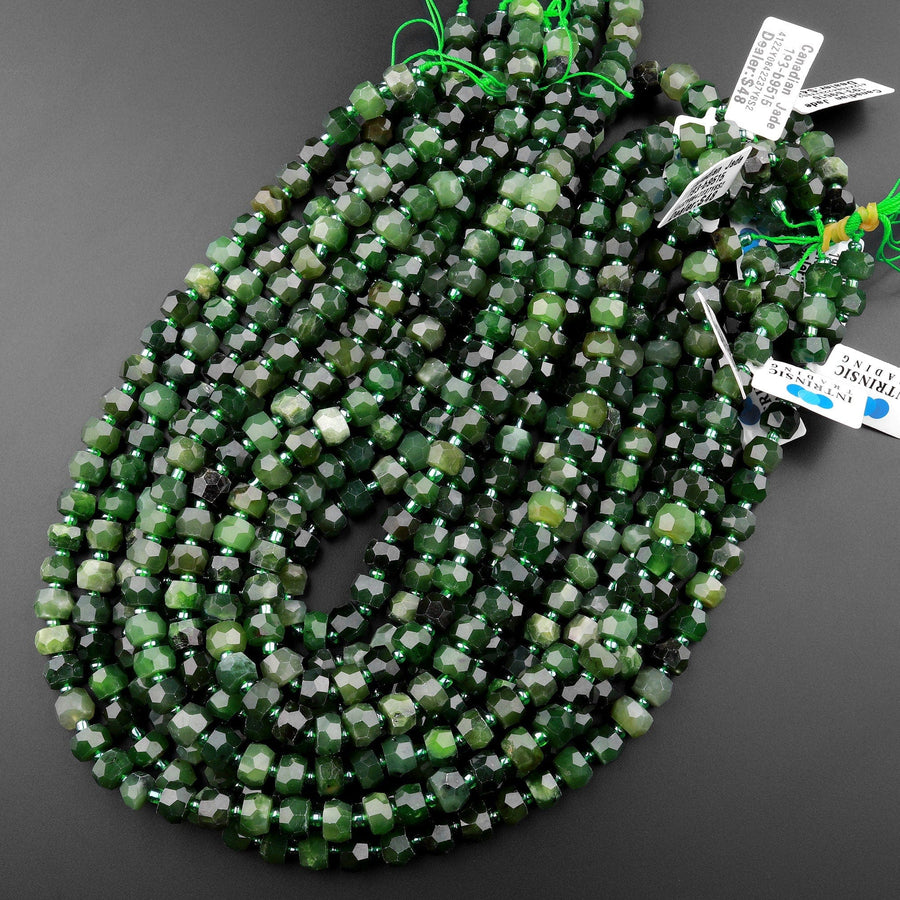 Natural Canadian Green Jade Faceted Rondelle Beads Laser Diamond Cut Real Genuine Green Jade Sharp Facets Gemstone 15.5" Strand