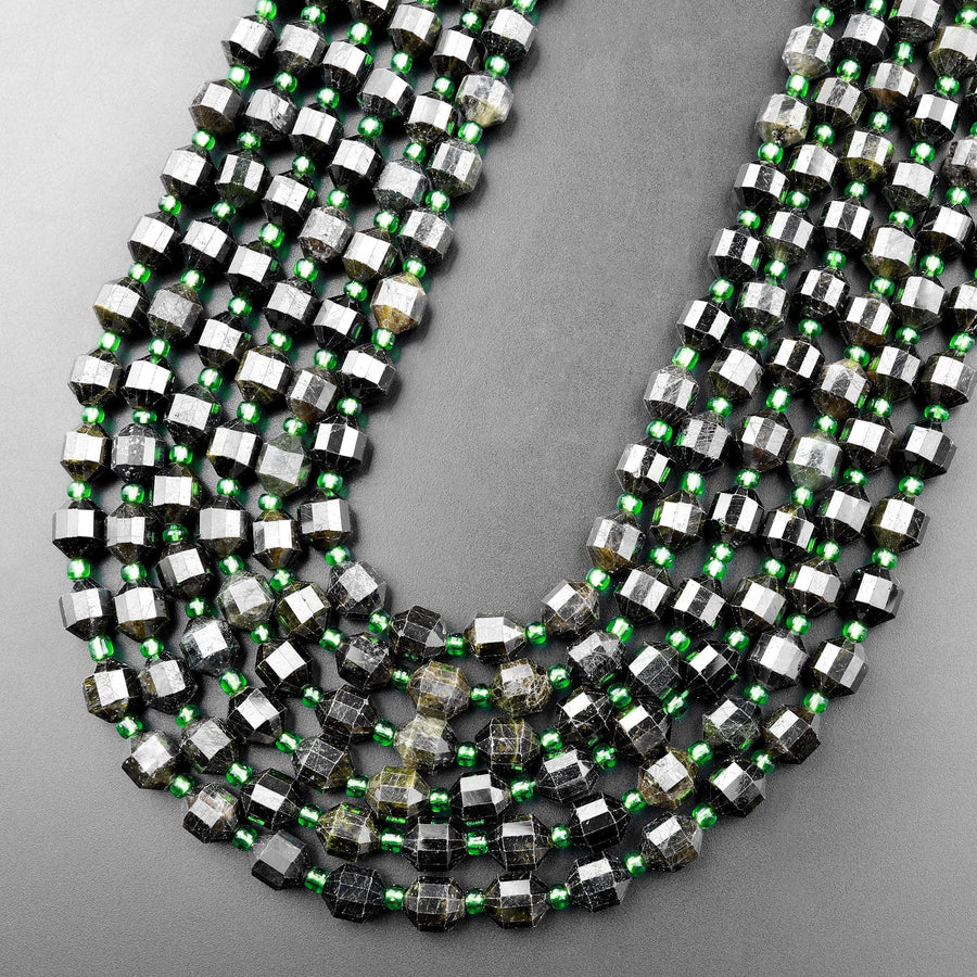 Natural Green Tourmaline Faceted 8mm Beads Energy Prism Double Terminated Points 15.5" Strand