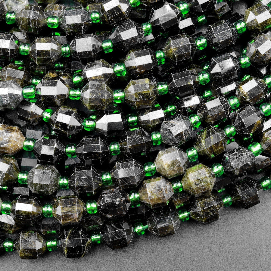 Natural Green Tourmaline Faceted 8mm Beads Energy Prism Double Terminated Points 15.5" Strand