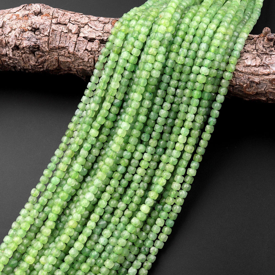 Natural Russian Green Jade Faceted 4mm Cube Square Dice Beads Gemstone 15.5" Strand