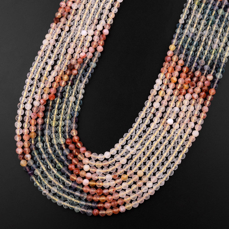 Micro Faceted Multicolor Mixed Gemstone Round Beads 3mm Red Quartz Fluorite Citrine 15.5" Strand