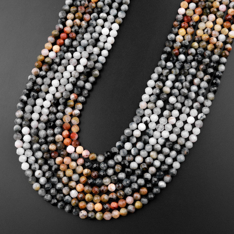 Micro Faceted 3mm 4mm Red Gray Eagle Eye Round Beads 15.5" Strand