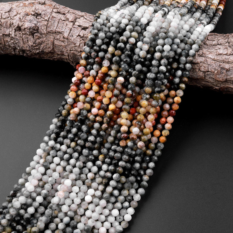 Micro Faceted 3mm 4mm Red Gray Eagle Eye Round Beads 15.5" Strand