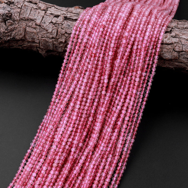 Micro Faceted Strawberry Quartz 2mm 3mm Round Beads Natural Pink Red Gemstones 15.5" Strand