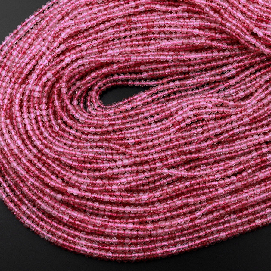 Micro Faceted Strawberry Quartz 2mm 3mm Round Beads Natural Pink Red Gemstones 15.5" Strand